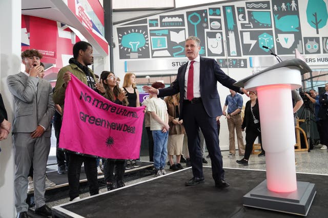 Demonstrators interrupt Labour party leader Sir Keir Starmer as he speaks during the launch of the party’s fifth and final mission on breaking down the barriers to opportunities for children, at Mid Kent College in Gillingham in Kent (Stefan Rousseau/PA)