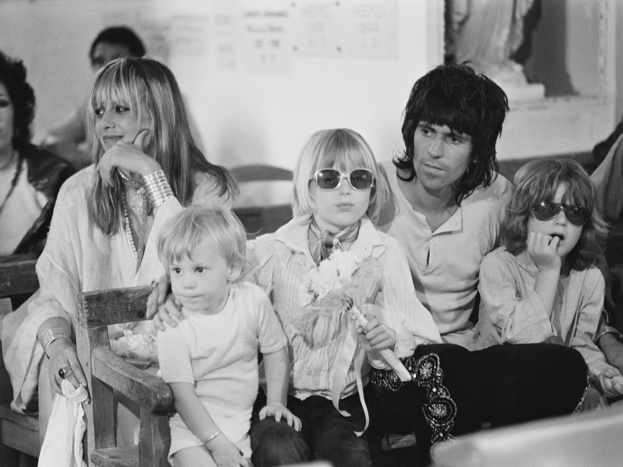 Keith Richards with Anita Pallenberg and children at the wedding of Mick and Bianca Jagger