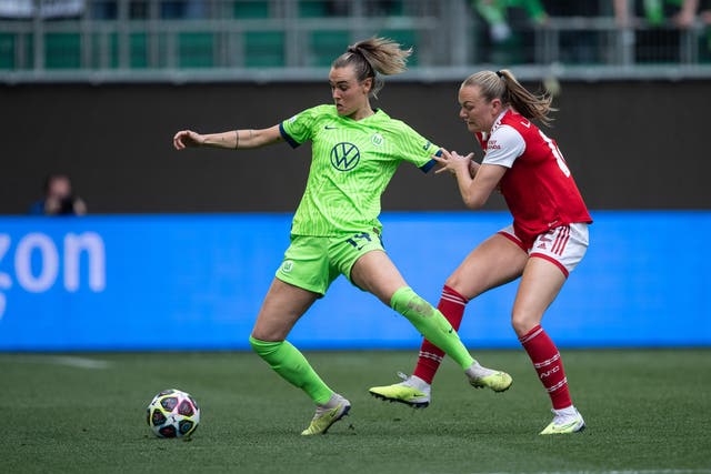 Jill Roord (left) joins Manchester City from Wolfsburg, having previously been in the Women’s Super League with Arsenal (PA via DPA)