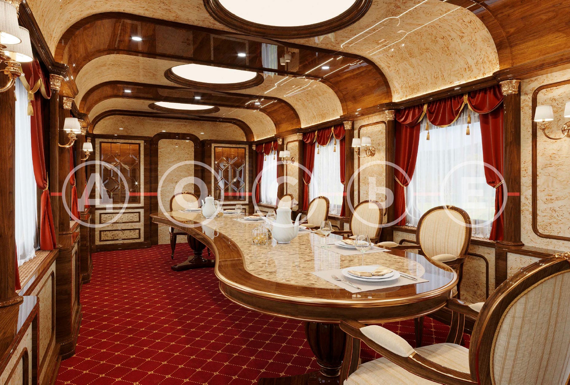 The dining car can be seen furnished with plush red carpet, curtains and a long, art deco-style table