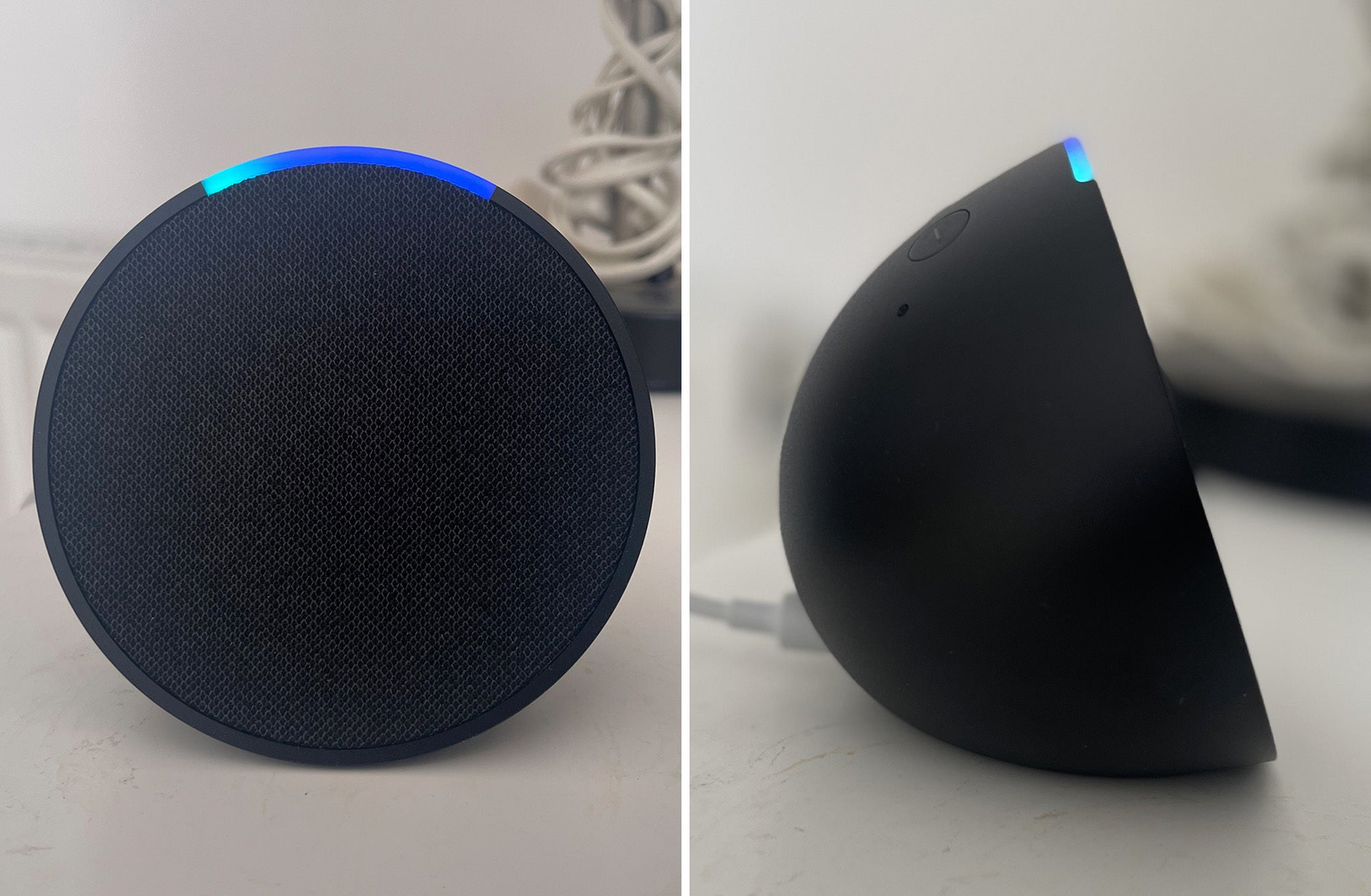 The Amazon Echo Pop pictured from the front and the side