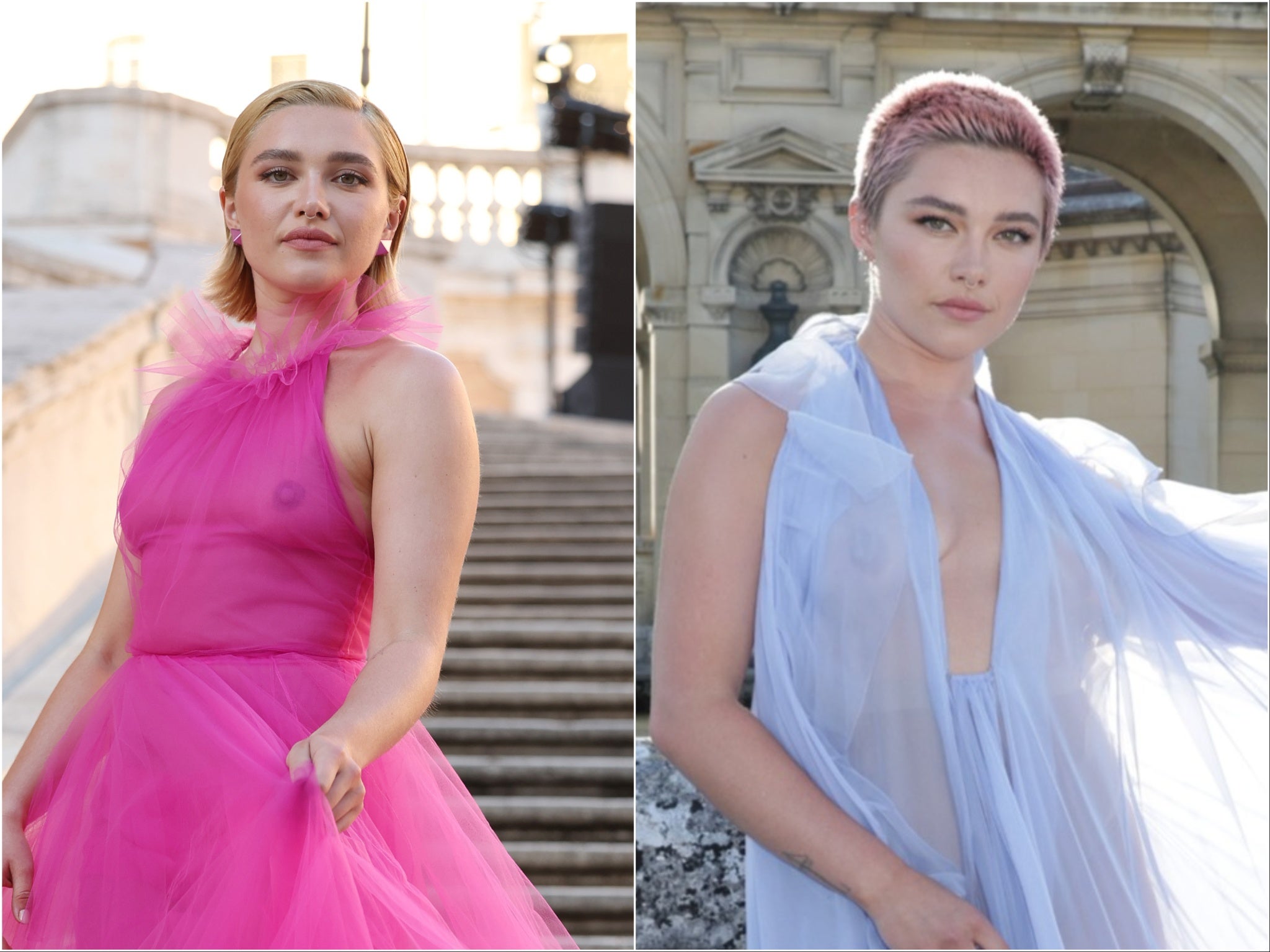 Pugh is credited as the current face of ‘naked fashion’, pictured at the Valentino show in 2022 and in 2023