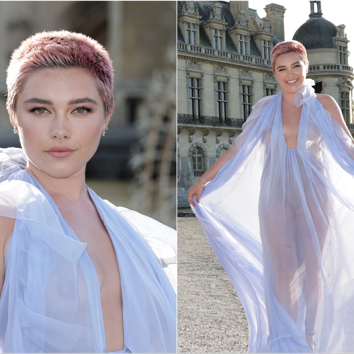 florence pugh fashion show dress Florence Pugh Wore a Completely See-Through Skirt to the Valentino Show at Paris Fashion Week See Photos