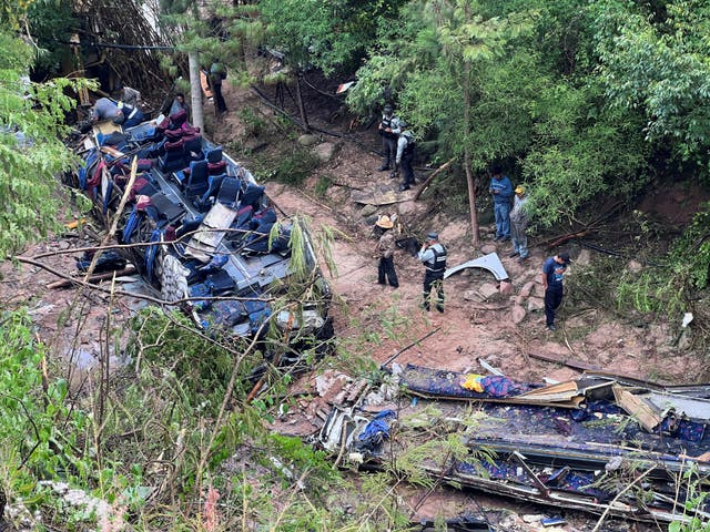 <p>Authorities and volunteers work at the site of the bus crash</p>