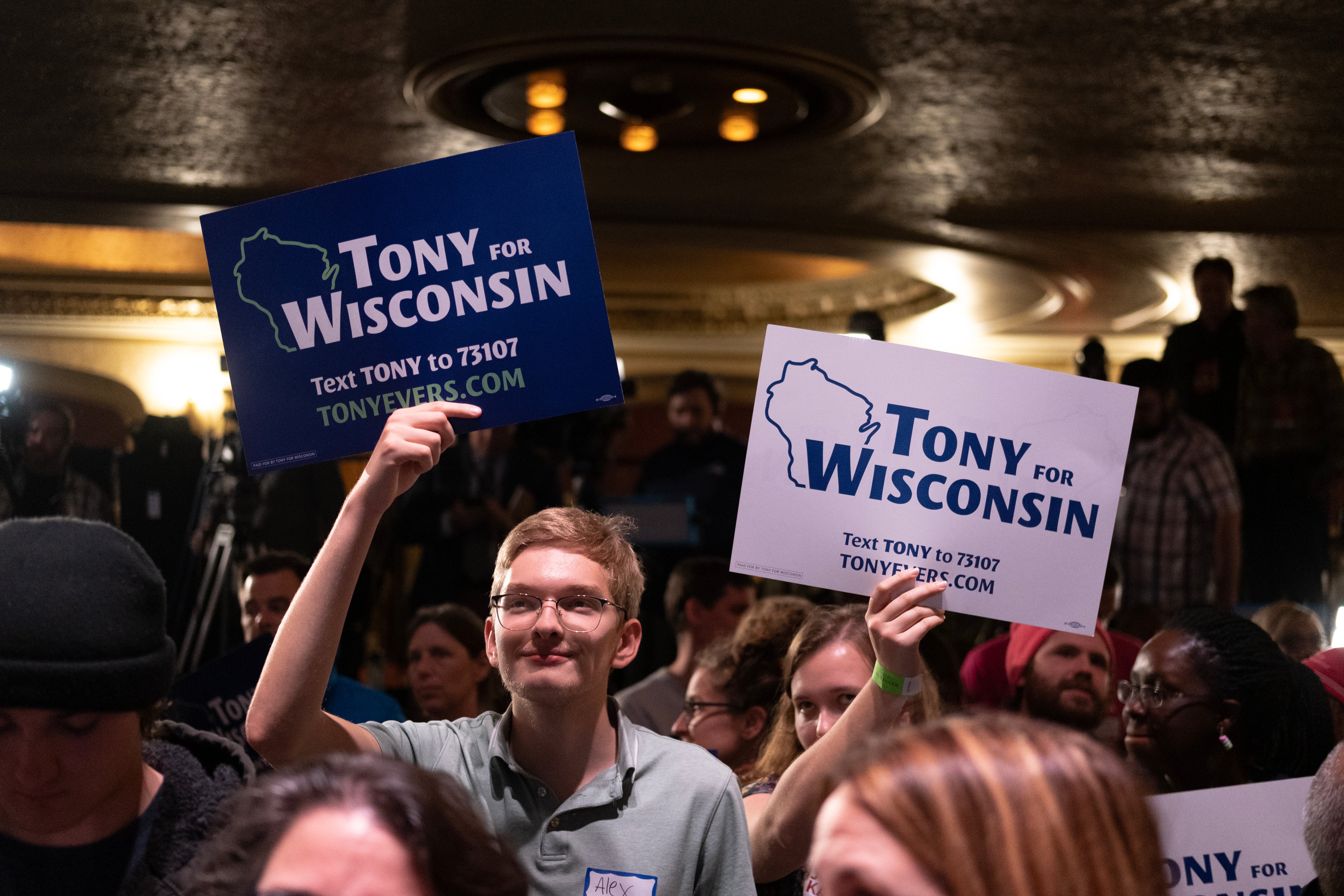 Supporters react during an election night event for Governor Tony Evers at The Orpheum Theater on November 8, 2022 in Madison, Wisconsin
