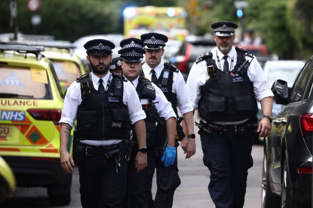 pPolice officers patrol following a car collision at the private Study Prep girls’ school in Wimbledon, southwest London, on 6 July 2023/p