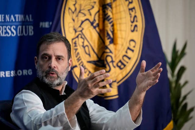 <p> Indian opposition leader Rahul Gandhi speaks at the National Press Club on 1 June 2023 in Washington, DC</p>