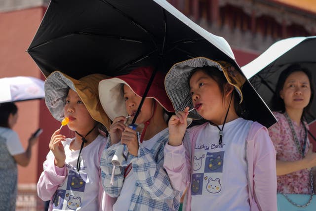 <p>Children wearing sun hats and carrying an umbrella pose for a souvenir photo near the Forbidden City on a sweltering day in Beijing, Friday, July 7</p>