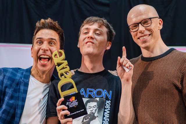 <p>2022 Best Comedy Show winner Sam Campbell (centre) with previous winners Russell Kane (left) and Jordan Brookes</p>
