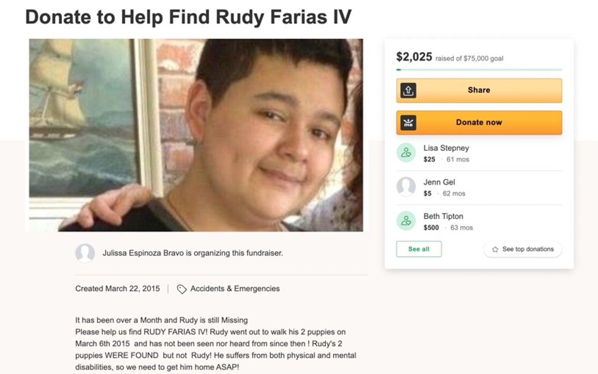 Rudy Farias’ mother may face legal action from GoFundMe after she profited from fake disappearance story