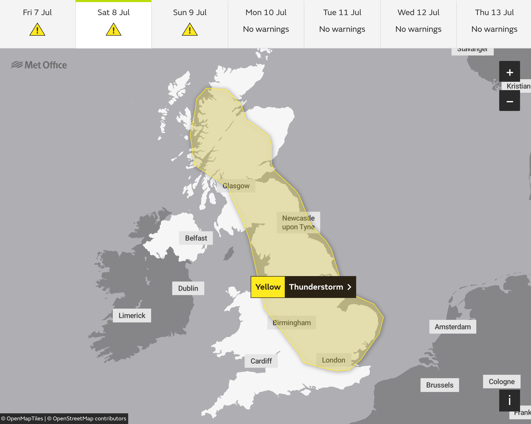On Saturda,y the thunderstorm warning will move to cover the majority of Scotland and England