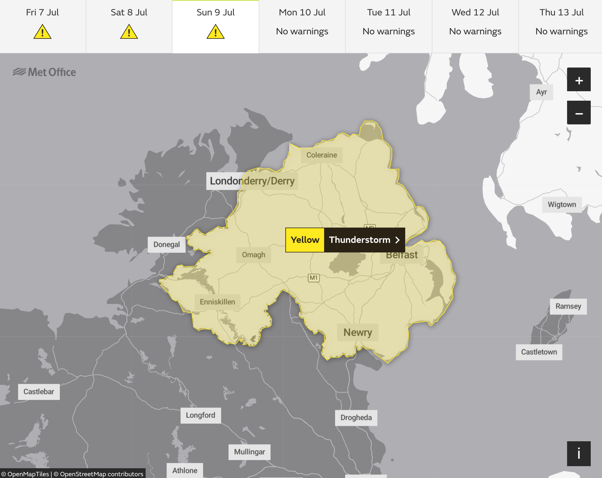 Thunderstorms will then move back to Northern Ireland on Sunday