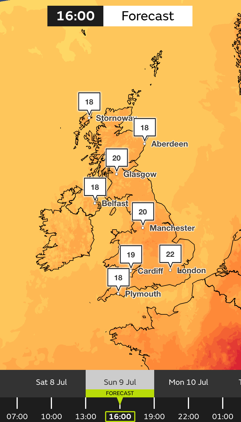 Sunday is expected to welcome the lowest temperatures across the weekend, ranging from 20C in Glasgow to 22C in London