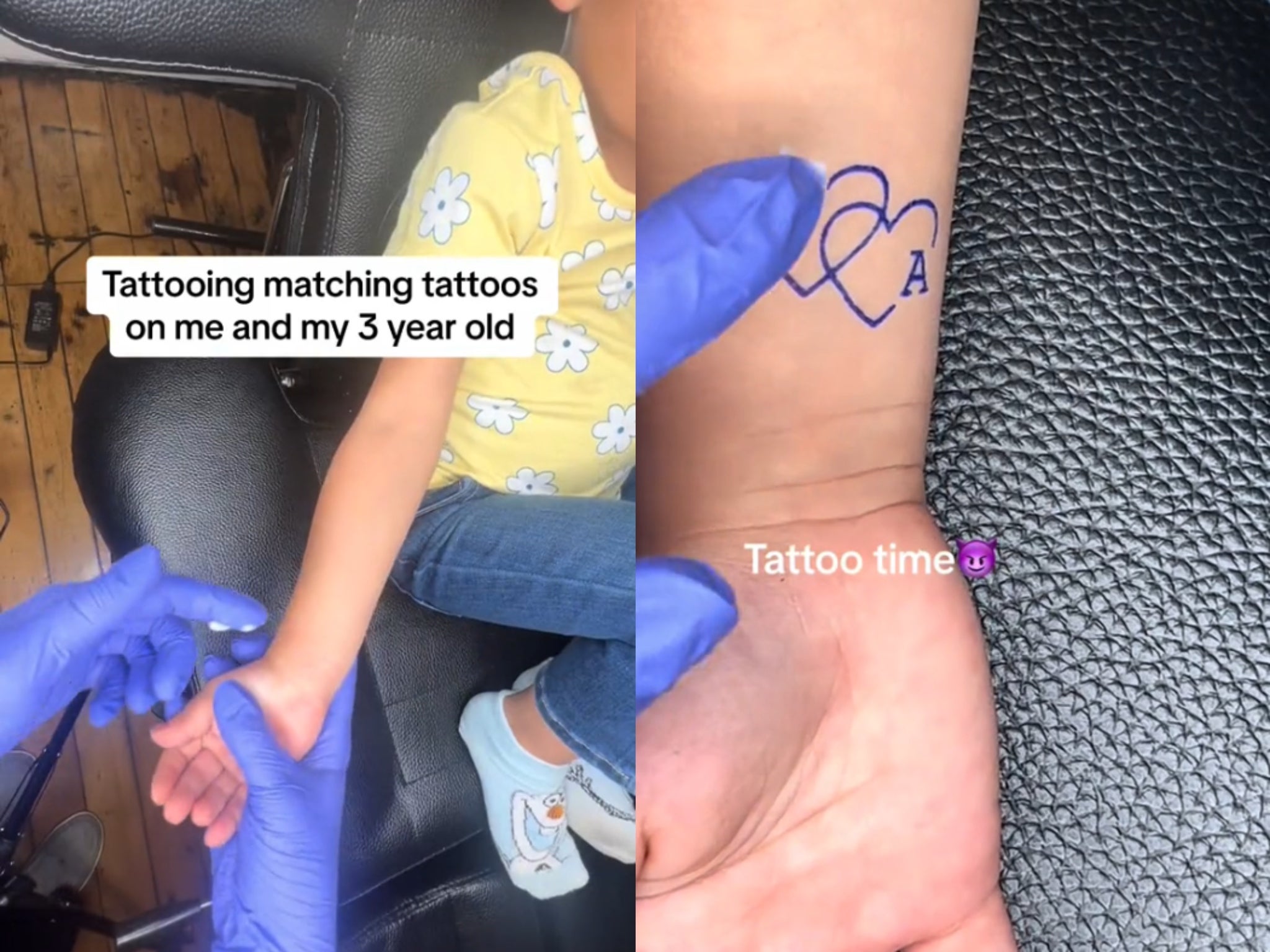 Tattoo artist Kaylee Thomas posted a video on Tiktok of herself “tattooing” her three-year-old daughter