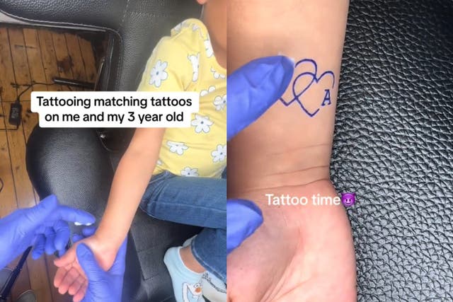 <p>Tattoo artist Kaylee Thomas posted a video on Tiktok of herself “tattooing” her three-year-old daughter</p>