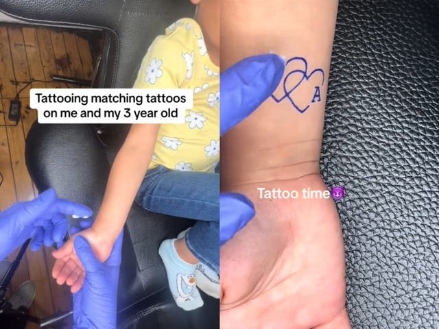 <p>Tattoo artist Kaylee Thomas posted a video on Tiktok of herself “tattooing” her three-year-old daughter</p>