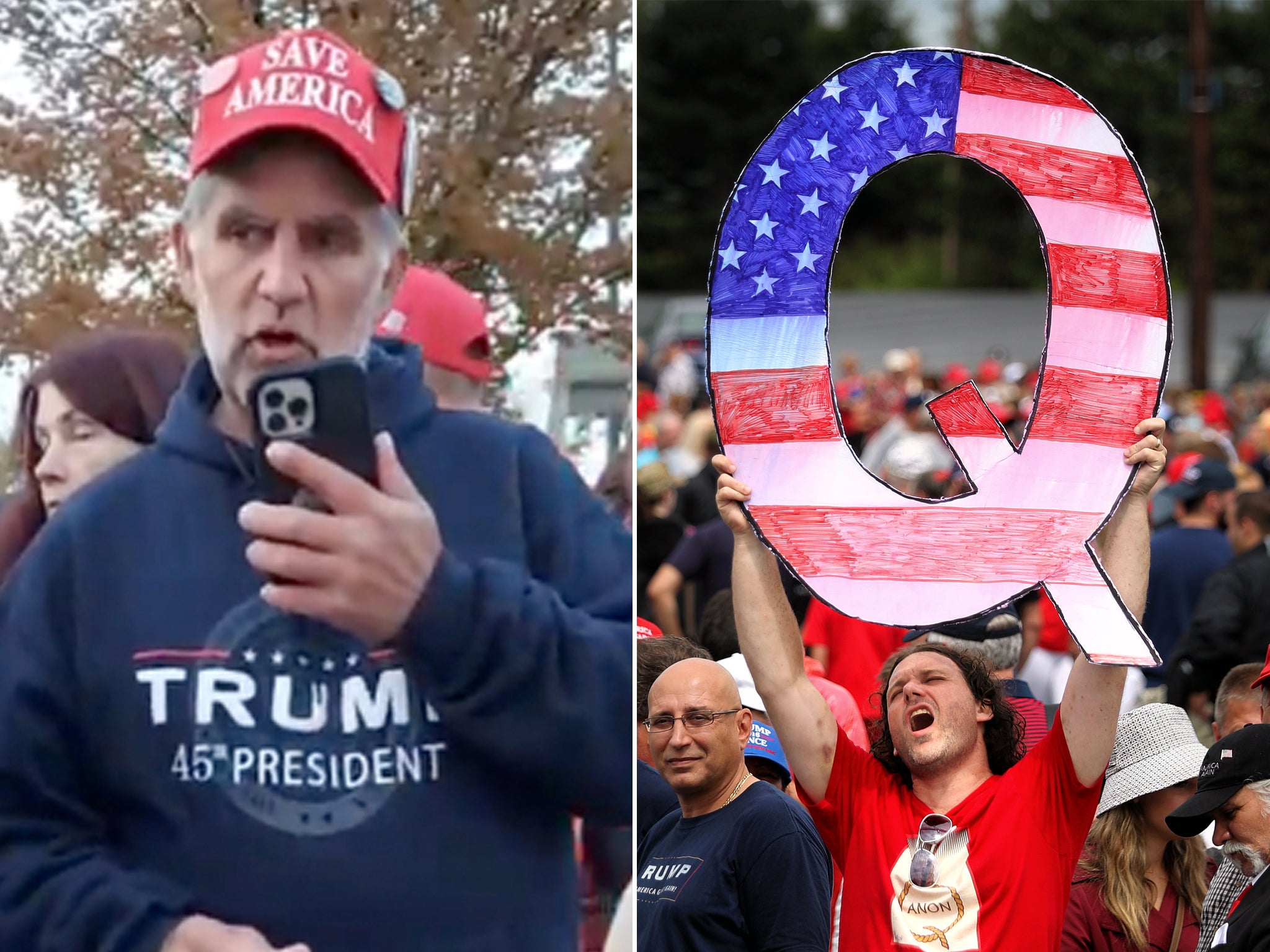 Michael Protzman (left) and someone holding the QAnon symbol (right)