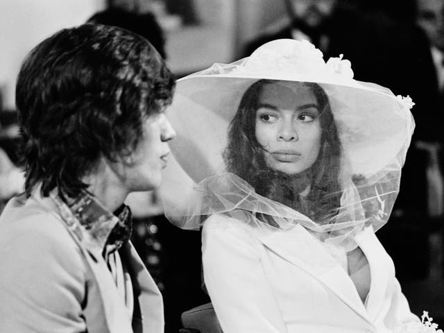 <p>‘Over on the wedding day’: Mick and Bianca Jagger minutes before taking their vows in Saint-Tropez, May 1971 </p>