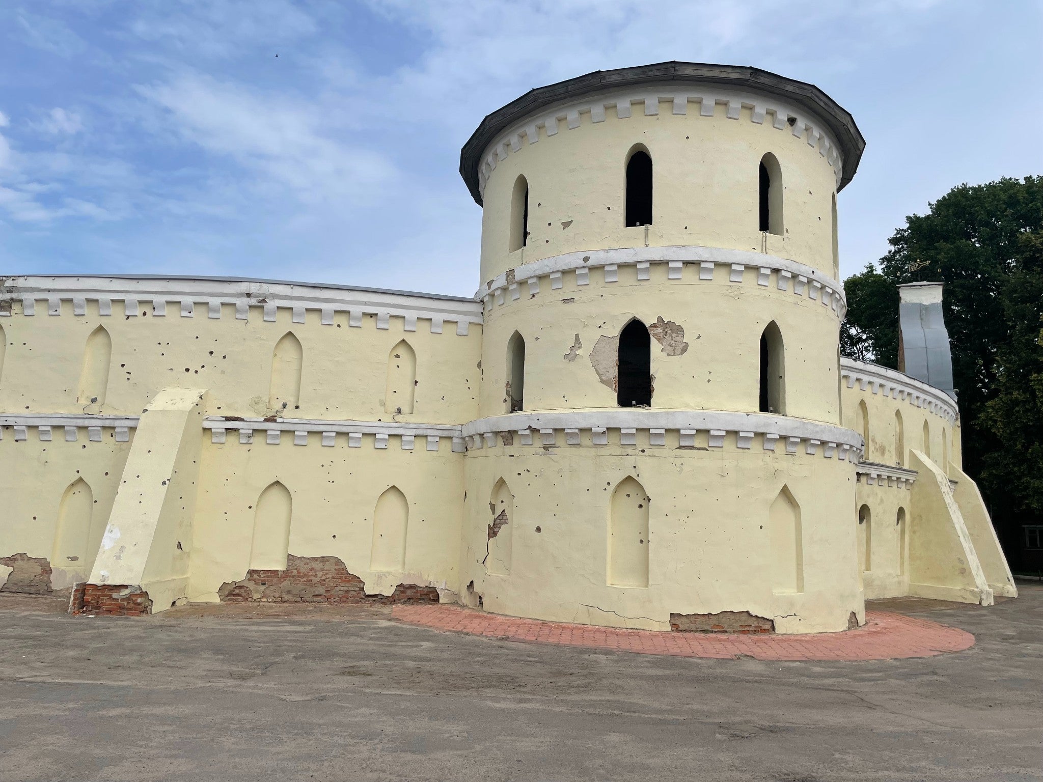 The fortress in the town of Trostyanets, pock-marked by gunfire
