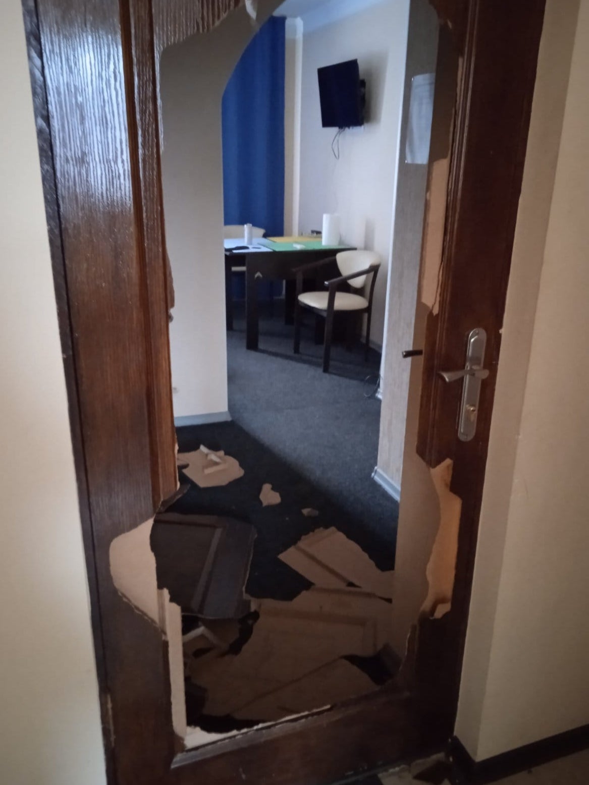 Hotel rooms damaged by Russian occupation in Tetyana Shevchenko’s hotel in Trostyanets