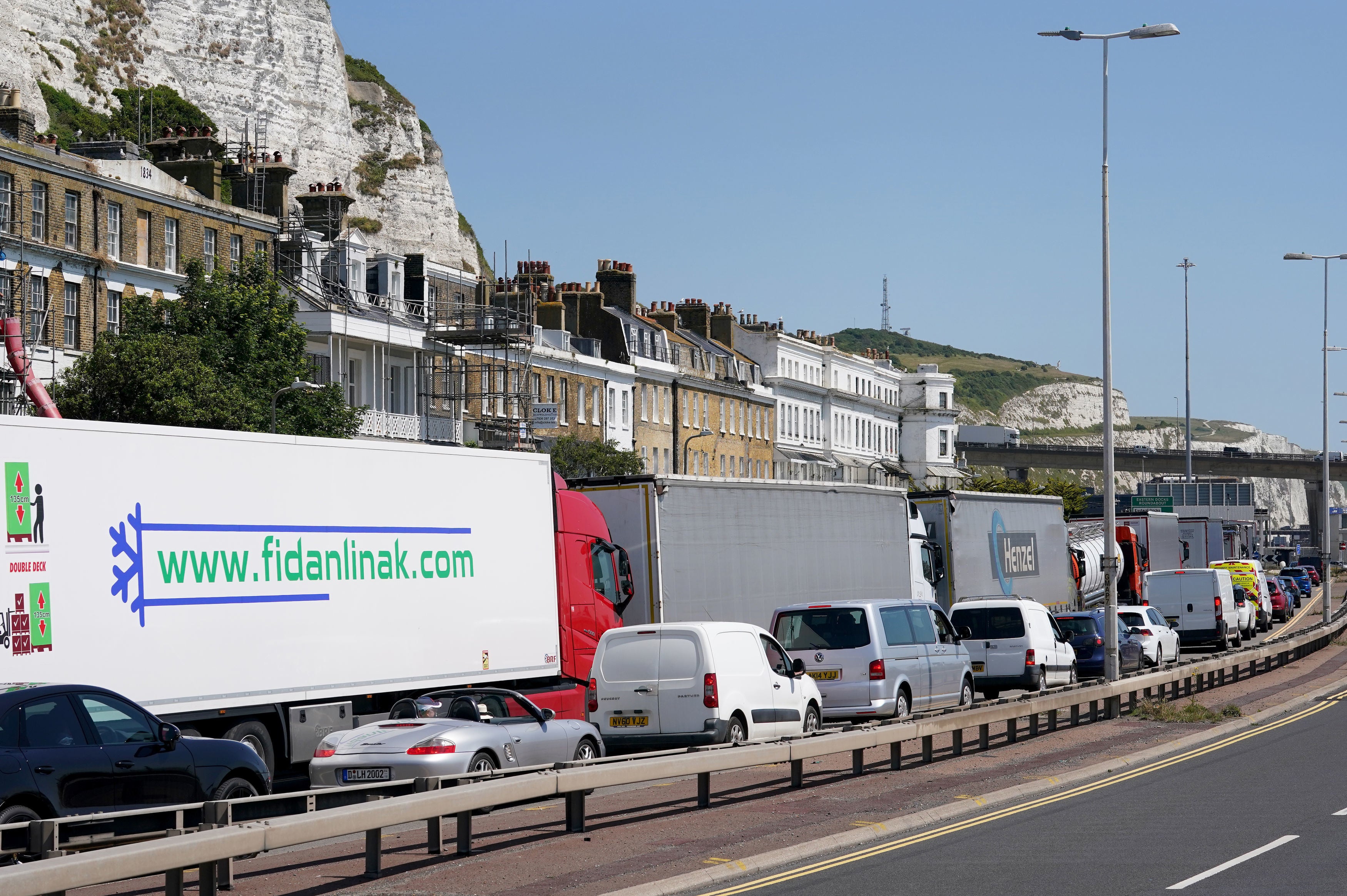 File photo: Vehicles queue for ferries at the Port of Dover, Kent