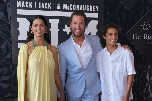<p>Camila Alves McConaughey, Matthew McConaughey and Levi Alves McConaughey attend the 2023 Mack, Jack & McConaughey Gala at ACL Live at Moody Theatre on April 27, 2023 </p>