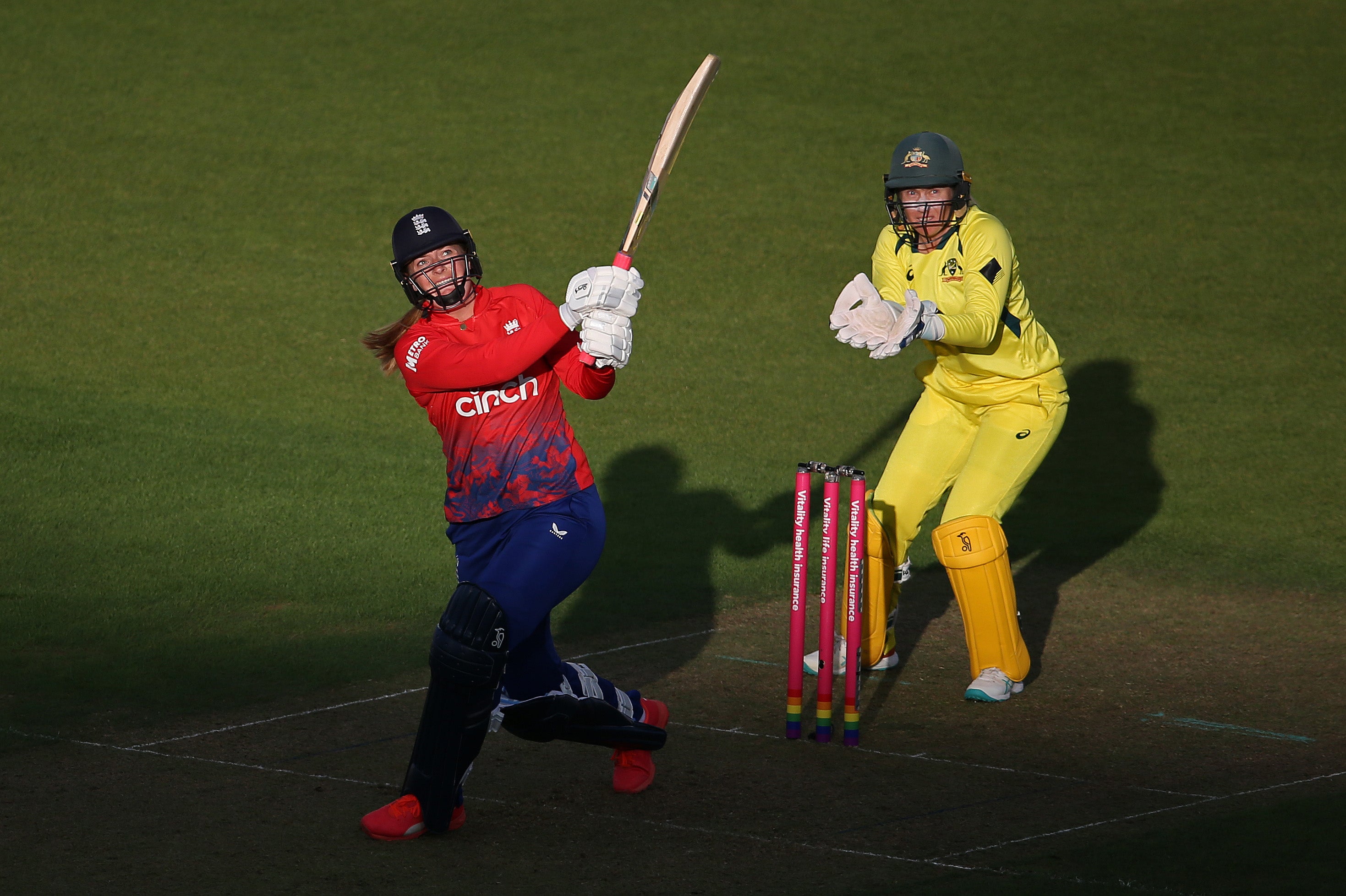 England’s Sophie Ecclestone hits a six during a recent Ashes T20