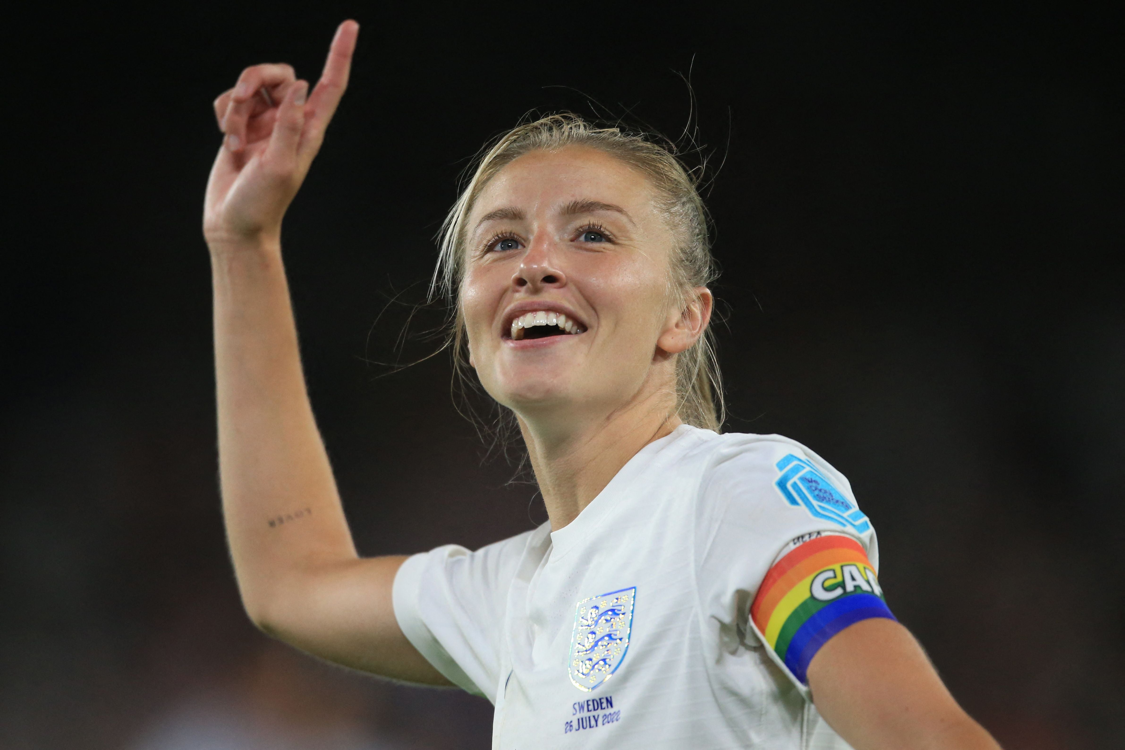 England's midfielder Leah Williamson celebrates after winning with her team at the end of the UEFA Women's Euro 2022 semi-final football match between England and Sweden