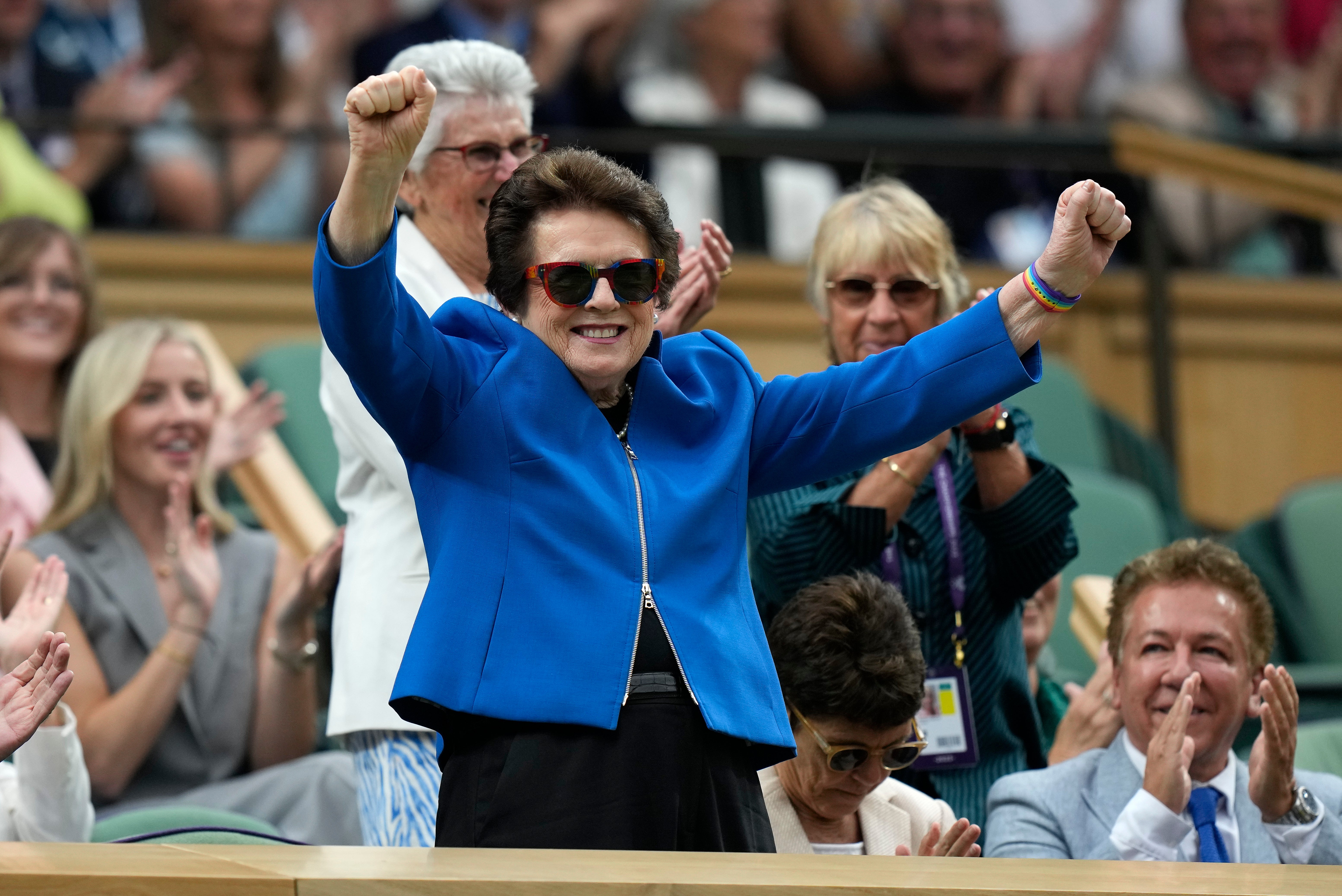 Tennis legend Billie Jean King acknowledges the crowd after being introduced from her seat in the Royal Box on Centre Court on day six of the Wimbledon tennis championships in London, Saturday, July 8, 2023
