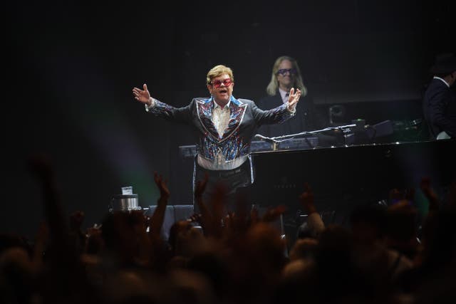 EDITORIAL USE ONLY Elton John performs on stage during his Farewell Yellow Brick Road show at the Tele2 Arena in Stockholm, Sweden. Picture date: Saturday July 8, 2023.