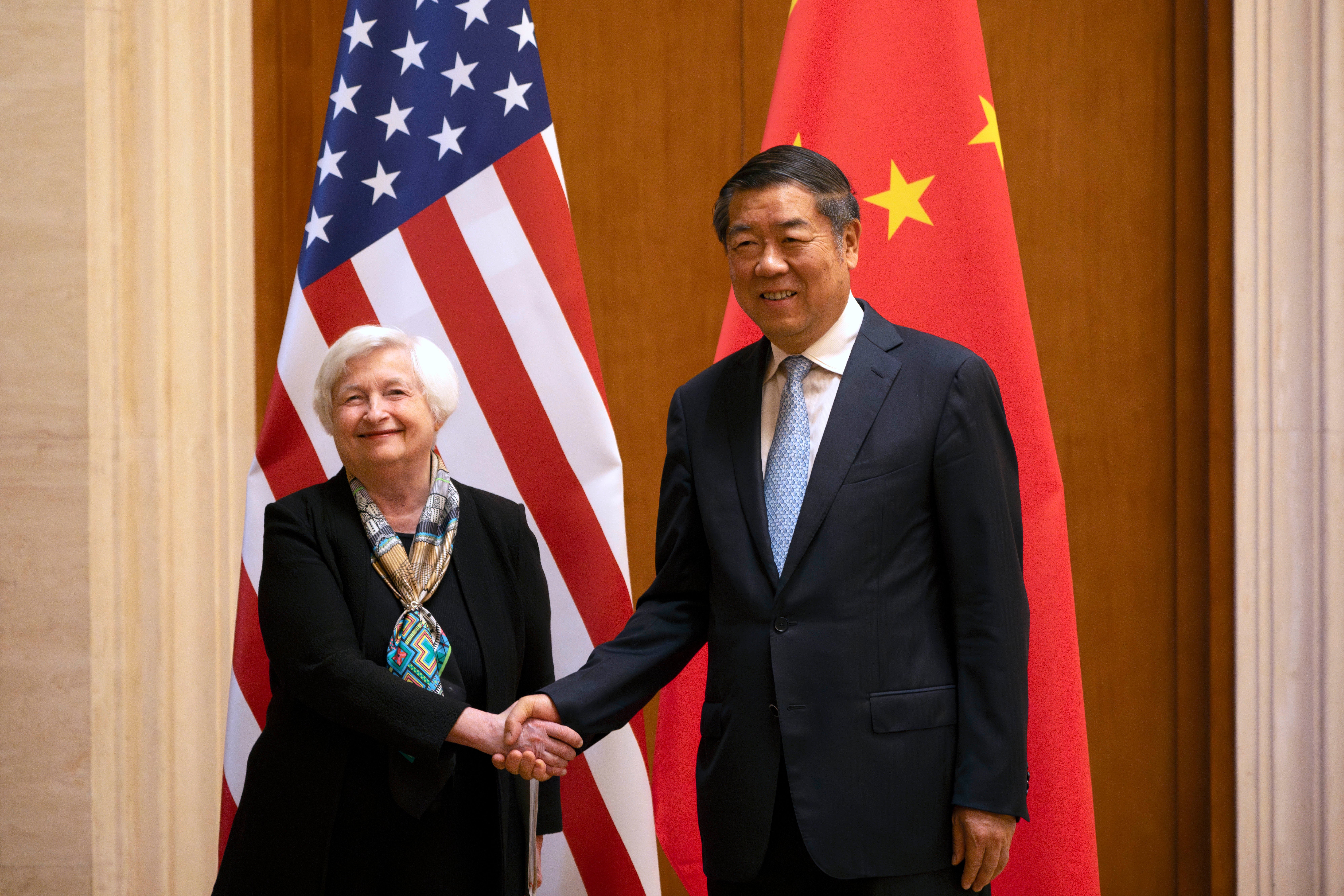 <p>US treasury secretary Janet Yellen (left) shakes hands with Chinese vice premier He Lifeng during a meeting</p>