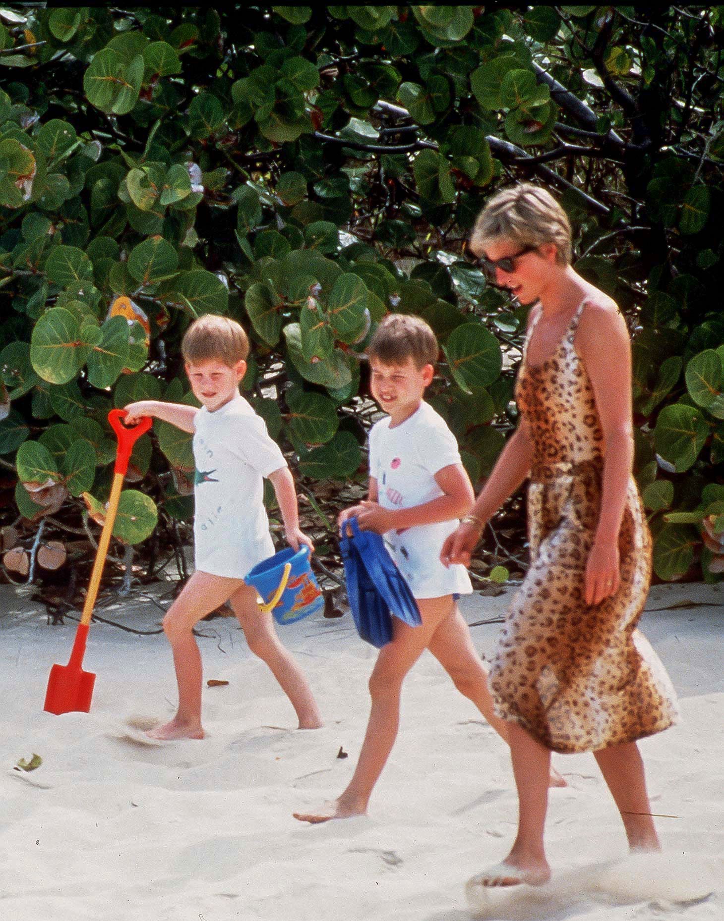 Princess Diana with Prince William, and Prince Harry, on Necker Island in the Caribbean in April 1990. The late princess also holidayed with her sons on the small, secluded island of Barbuda