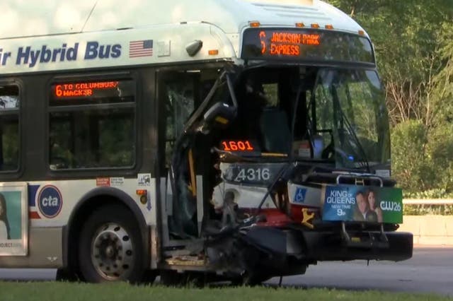 <p>A damaged bus is seen after colliding with a car in Chicago</p>