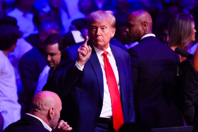 <p>Former President Donald Trump makes an appearance during the UFC 290 mixed martial arts event on 8 July 2023 in Las Vegas</p>