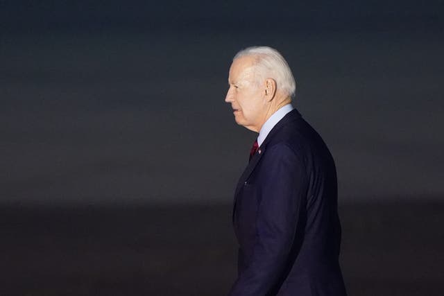 US President Joe Biden arrives on Air Force One at Stansted Airport (Joe Giddens/PA)