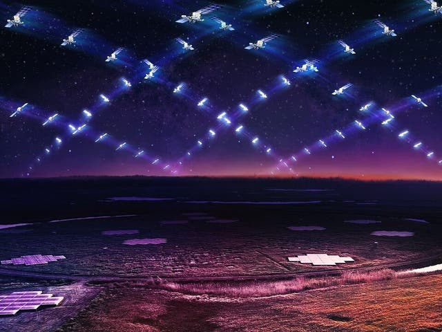 <p>An artist’s impression of a large satellite constellation like Starlink in low Earth orbit circling above the LOFAR telescope</p>