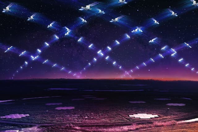 <p>An artist’s impression of a large satellite constellation like Starlink in low Earth orbit circling above the LOFAR telescope</p>