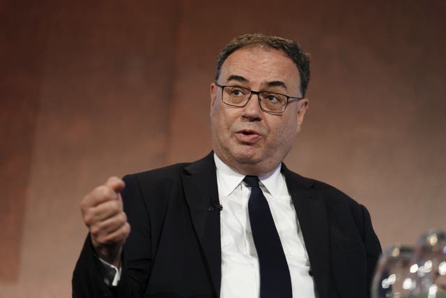 Andrew Bailey, Governor of the Bank of England. He will tell finance bosses at London’s Mansion House that the central bank has to “see the job through” to bring inflation back down to 2% (Jordan Pettitt/PA)