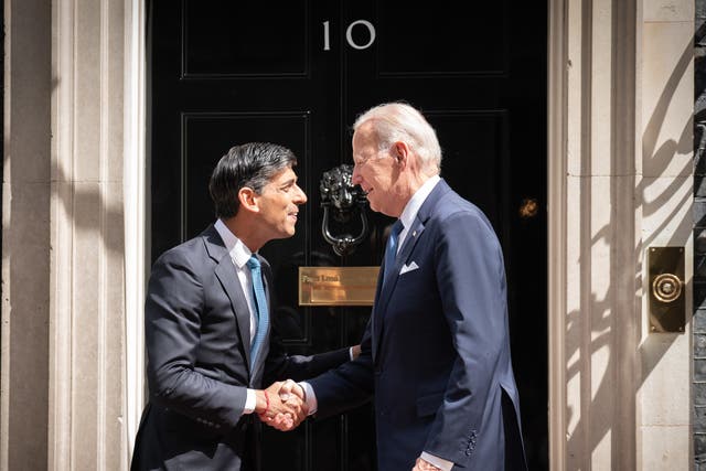 <p>Rishi Sunak greets Joe Biden outside No 10 </p>
