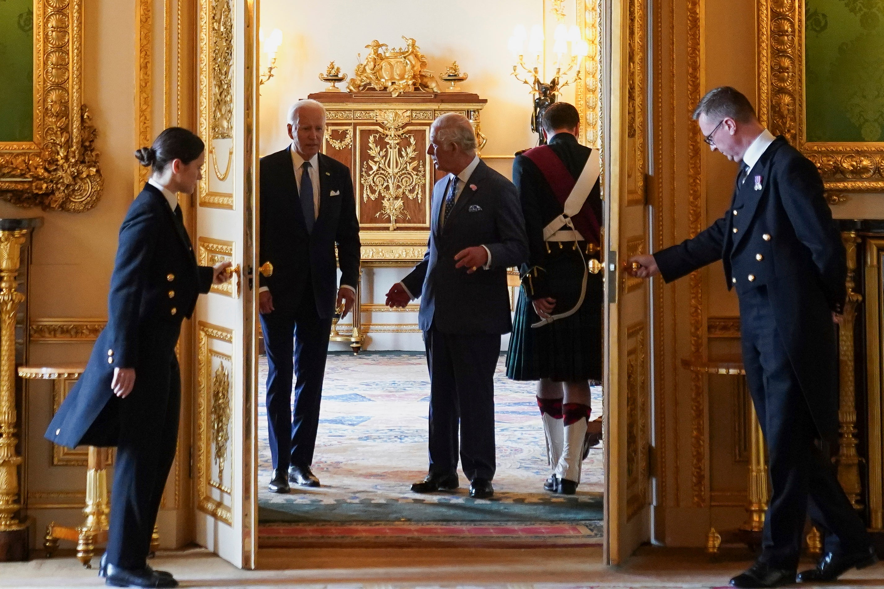 Britain's King Charles III, center right, meets with U.S. President Joe Biden at Windsor Castle, in Windsor, England, Monday, July 10, 2023