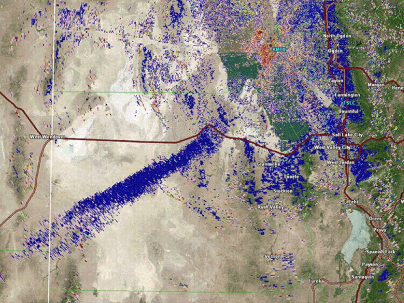 A radar map of Utah showing a large blue cloud heading towards Tooele in June 2023