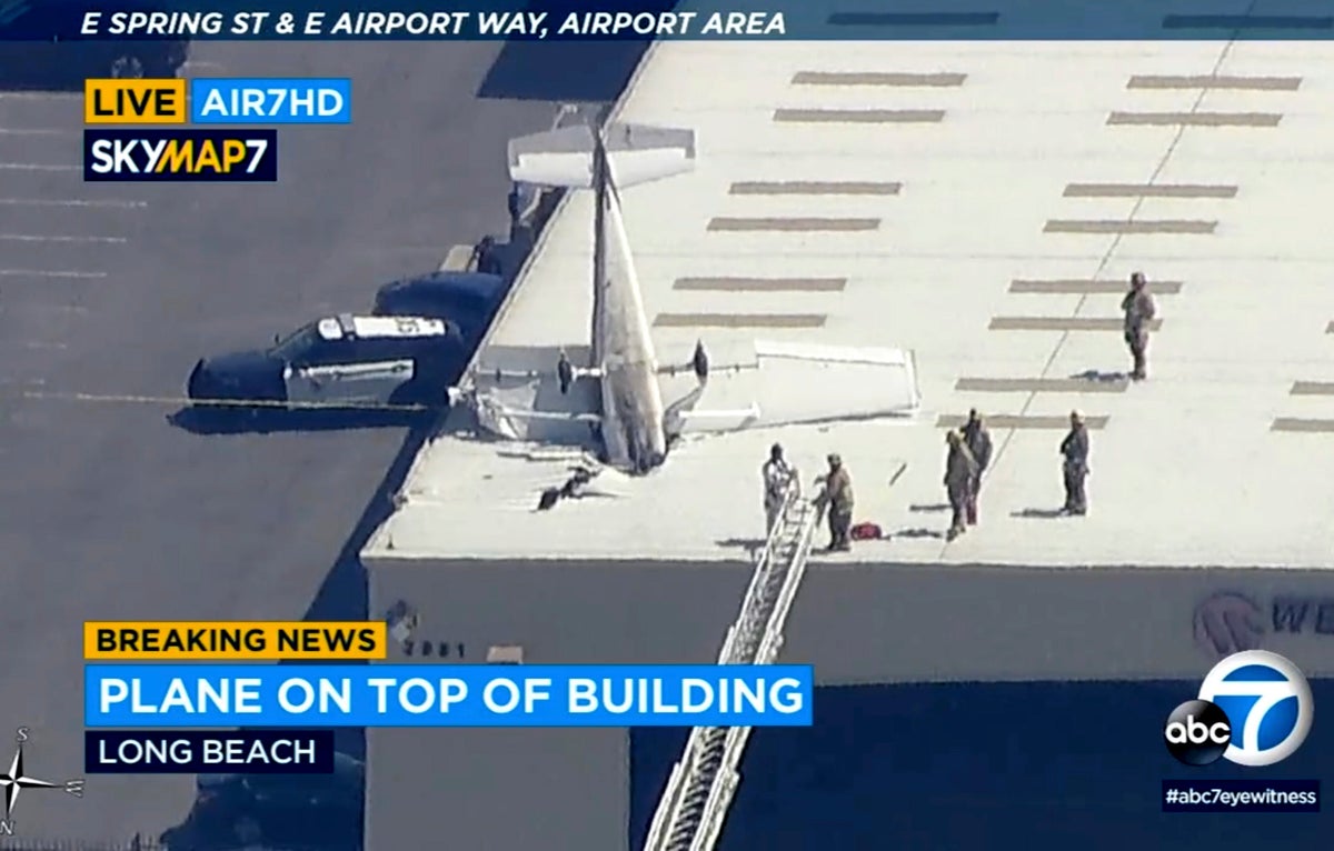 Pilot escapes with minor injuries when small plane crashes into hangar’s roof at California airport