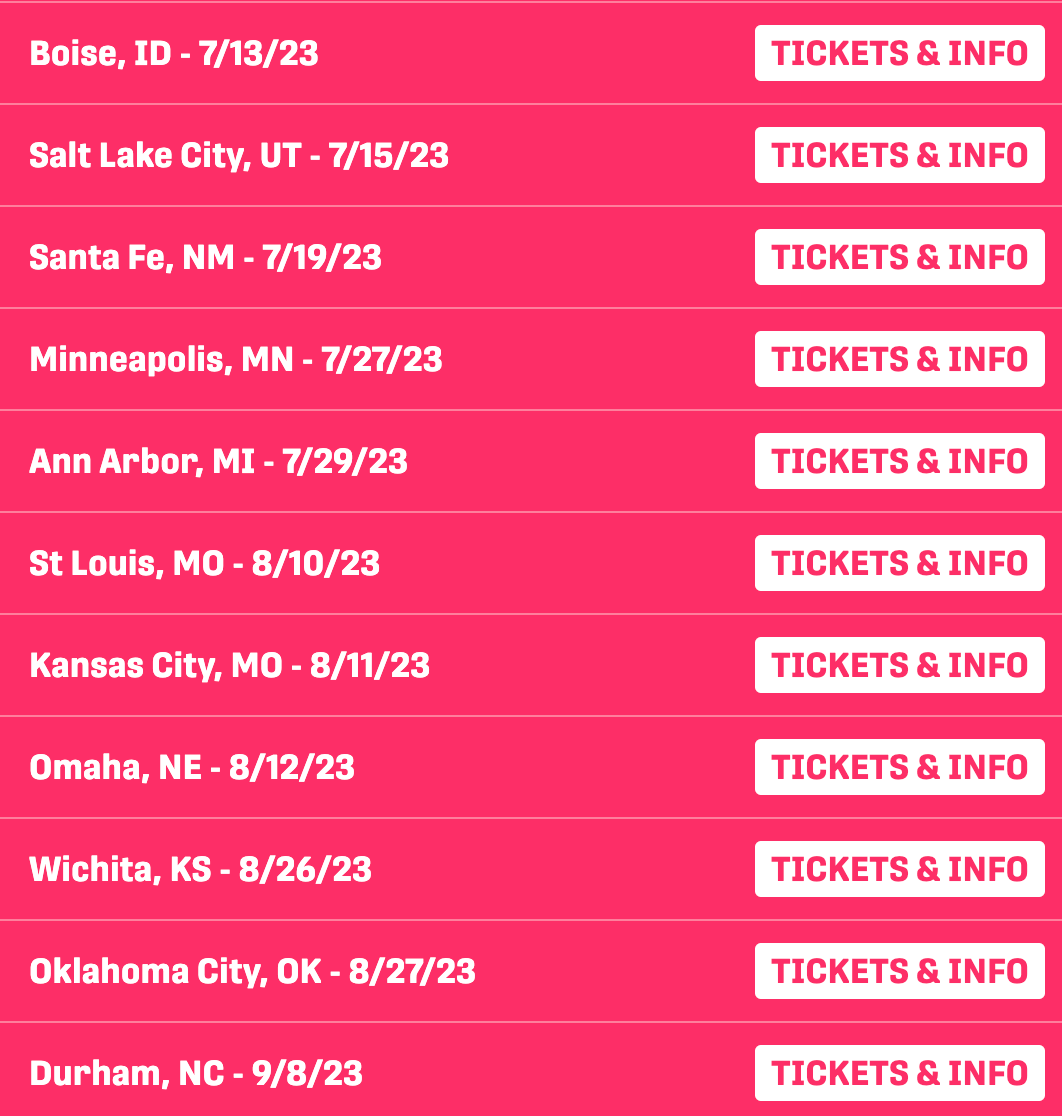 Ballinger’s previously listed tour dates, all of which now click through to cancelled links