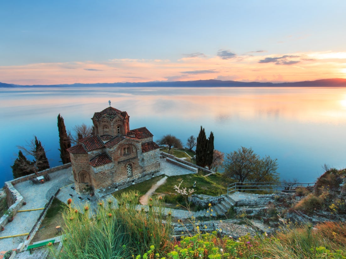 <p>North Macedonia’s Lake Ohrid at sunset</p>