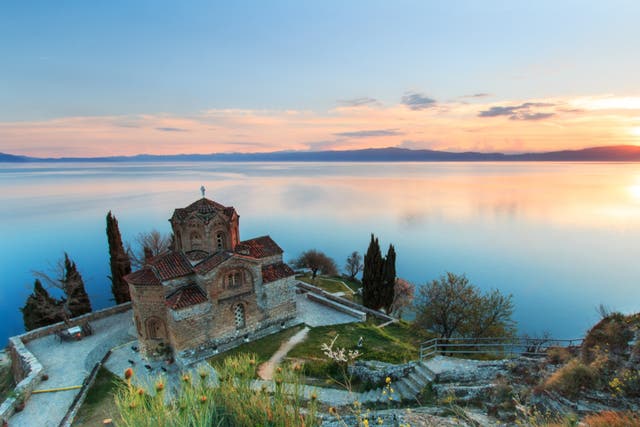 <p>North Macedonia’s Lake Ohrid at sunset</p>