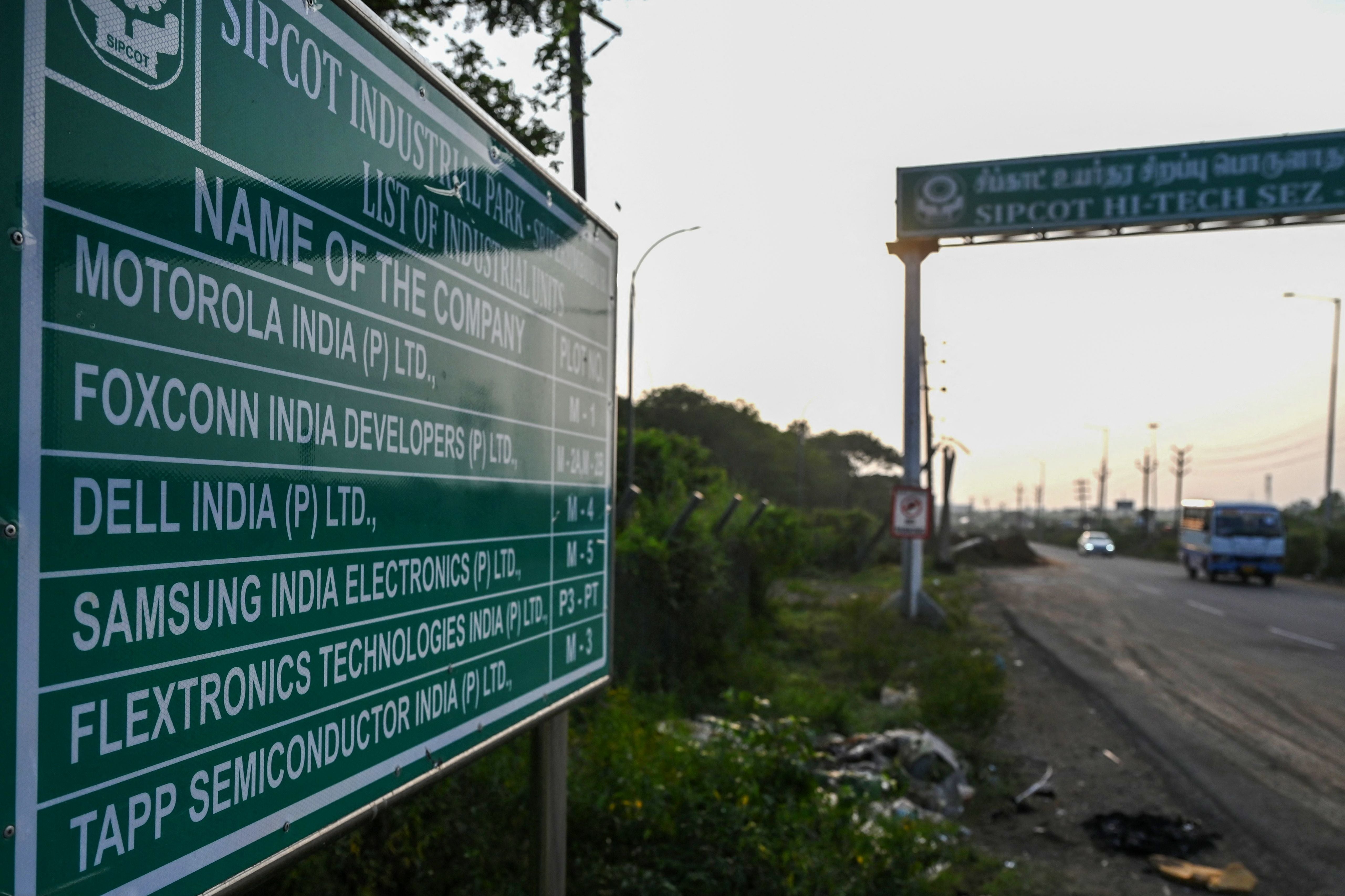 A signboard mentions the plot number of Foxconn India production unit at SIPCOT (State Industries Promotion Corporation of Tamil Nadu) a special economic zone (SEZ) in Sriperumbudur on the outskirts of Chennai