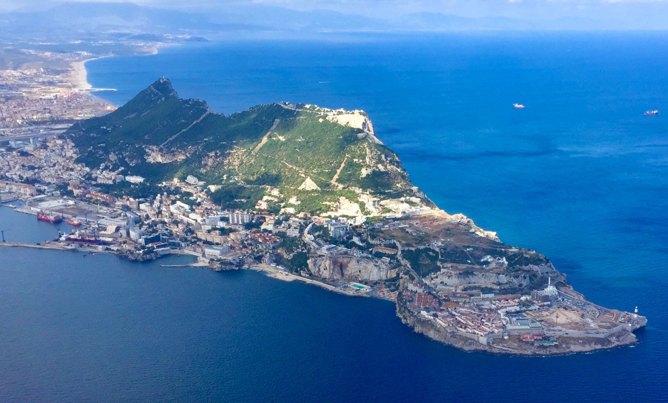 Aerial view of the whole of Gibraltar with Spain in the distance