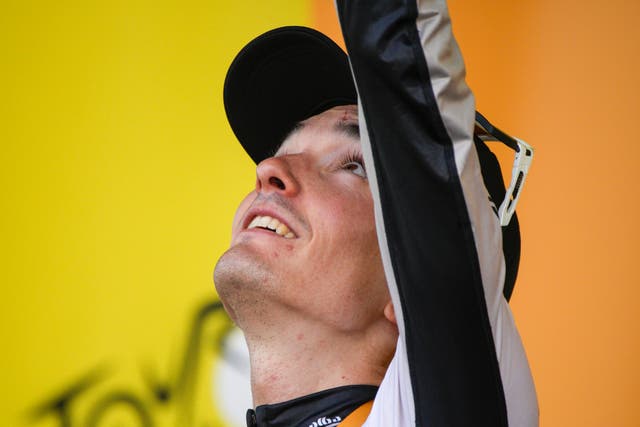 Pello Bilbao paid tribute to his late team-mate Gino Mader as he celebrated his first Tour de France stage win (Daniel Cole/AP)