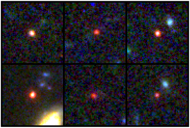 <p>Images of six candidate massive galaxies, seen 500-800 million years after the Big Bang</p>