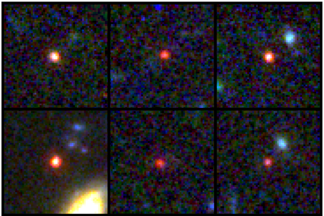<p>Images of six candidate massive galaxies, seen 500-800 million years after the Big Bang</p>
